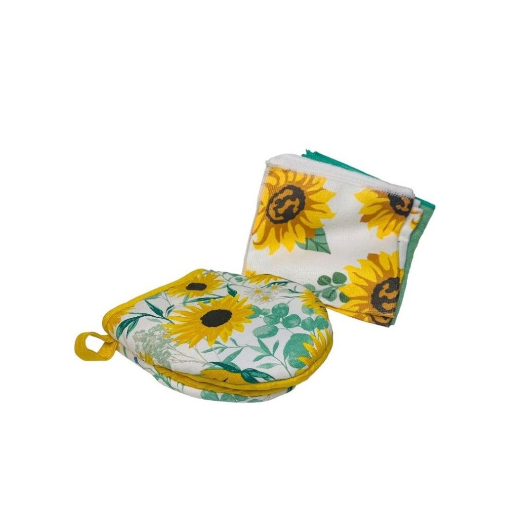 Sunflower Theme Oven Mitt and 6 New Discloths Kitchen Green Yellow